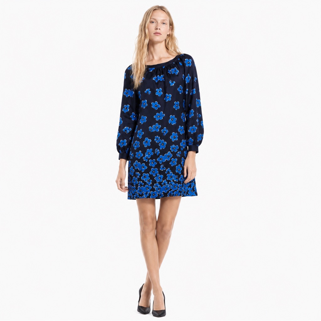 Nwt Silk Vineyard Vines Atlantic Floral Long-Sleeve Shift Dress In Blue Size 2